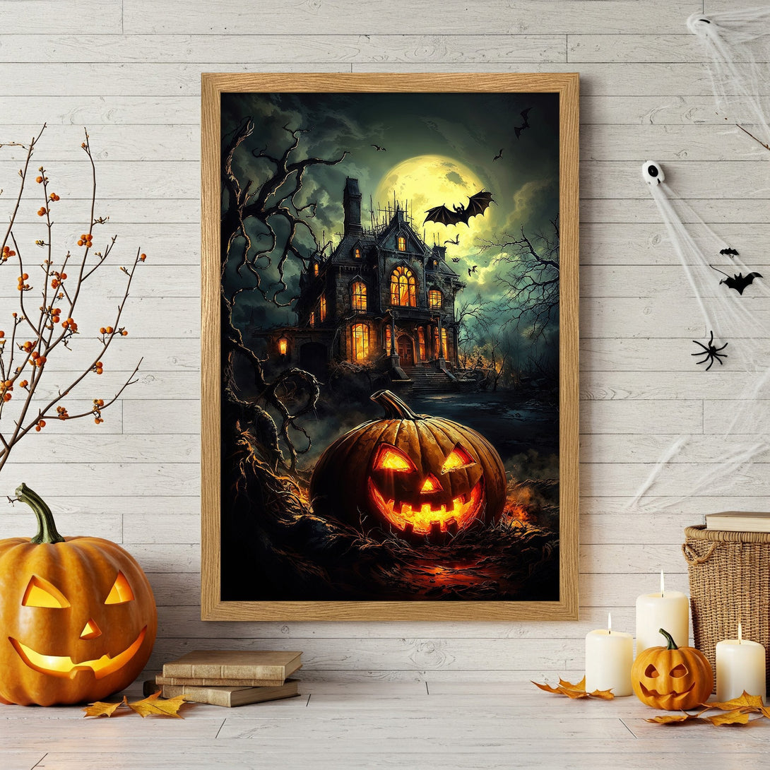Framed Poster of a spooky Halloween scene with a haunted house, pumpkin, and bats. Dark, moody colors. Perfect for Halloween decor!