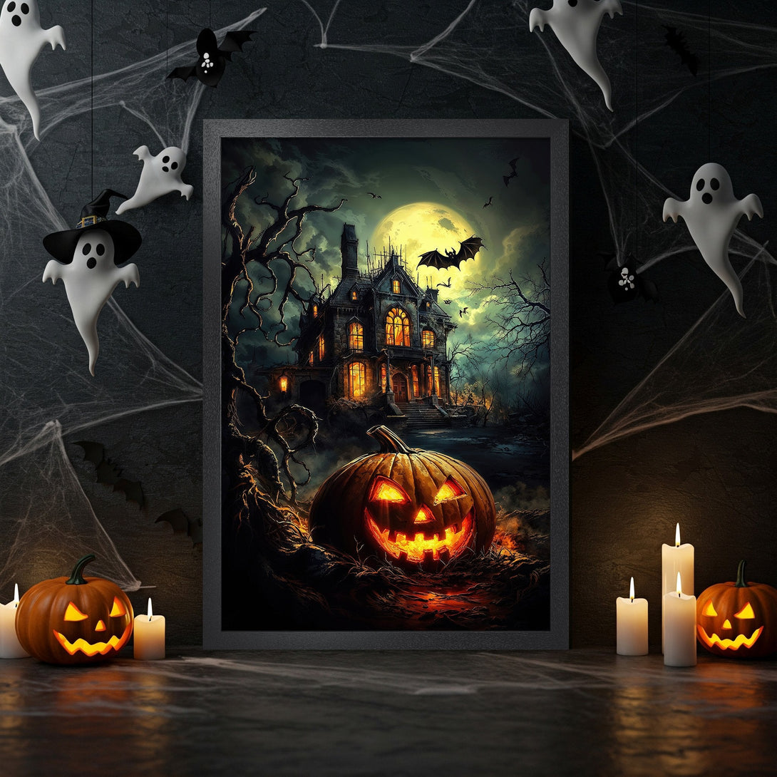 Framed Poster featuring a spooky Halloween haunted house scene with a dark, eerie color palette. Perfect for Halloween decor!