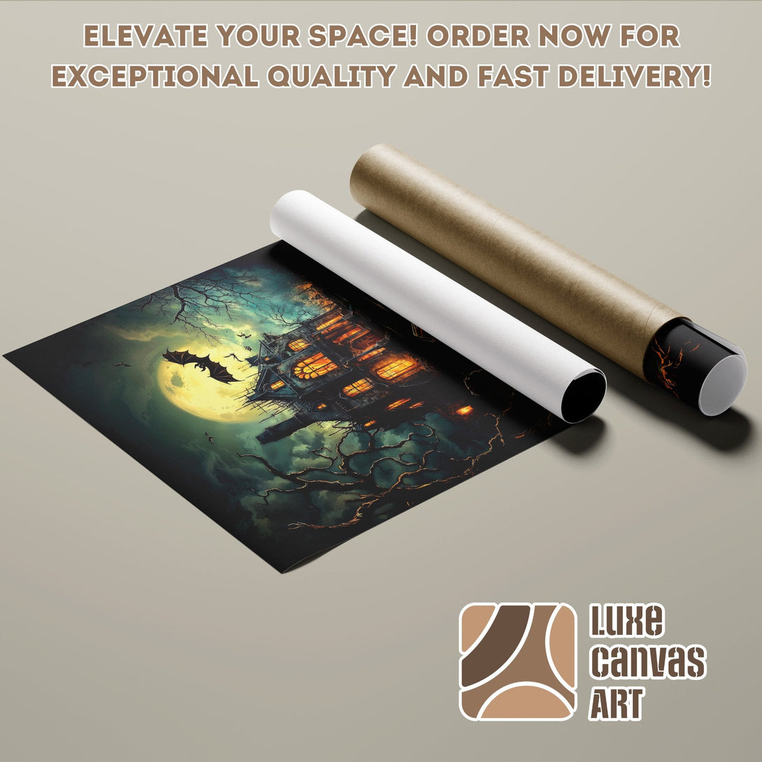Haunted house poster roll art print, dark fantasy style, teal & orange color palette. Order your poster today!