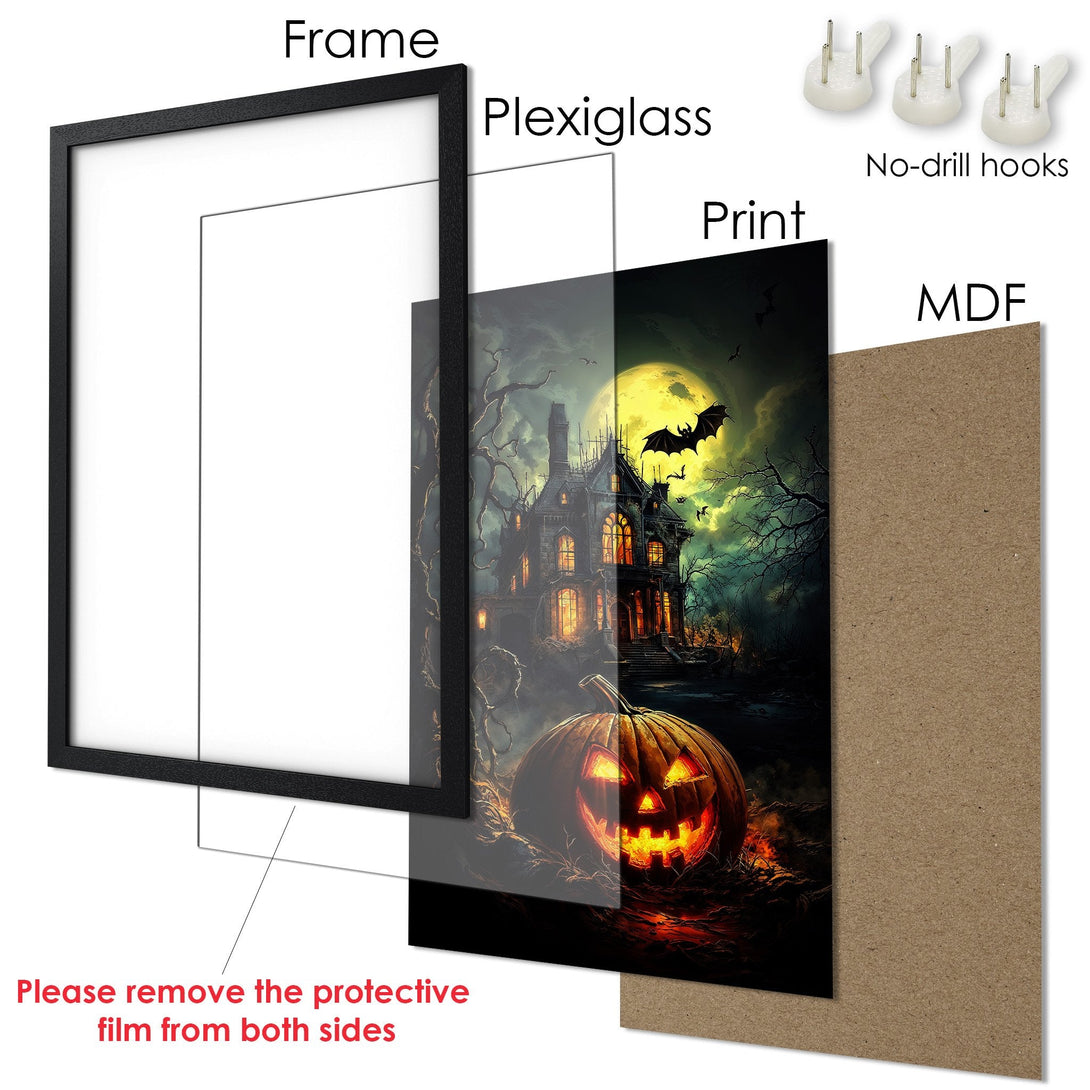 Framed Poster featuring a spooky Halloween scene with a haunted house and pumpkin, in a dark, vibrant color palette. Perfect for Halloween decor!