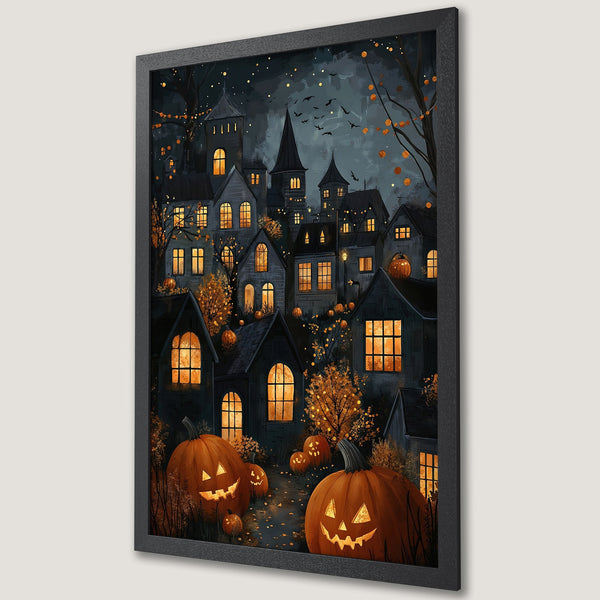 Framed Poster featuring a spooky Halloween village scene with pumpkins, dark houses, and an orange and black color palette. Perfect fall decor!