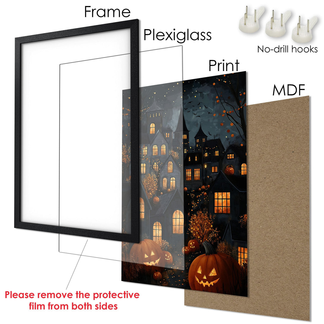 Framed Poster: Spooky Halloween art print with haunted houses, pumpkins, and a dark, warm color palette. Ready to hang!