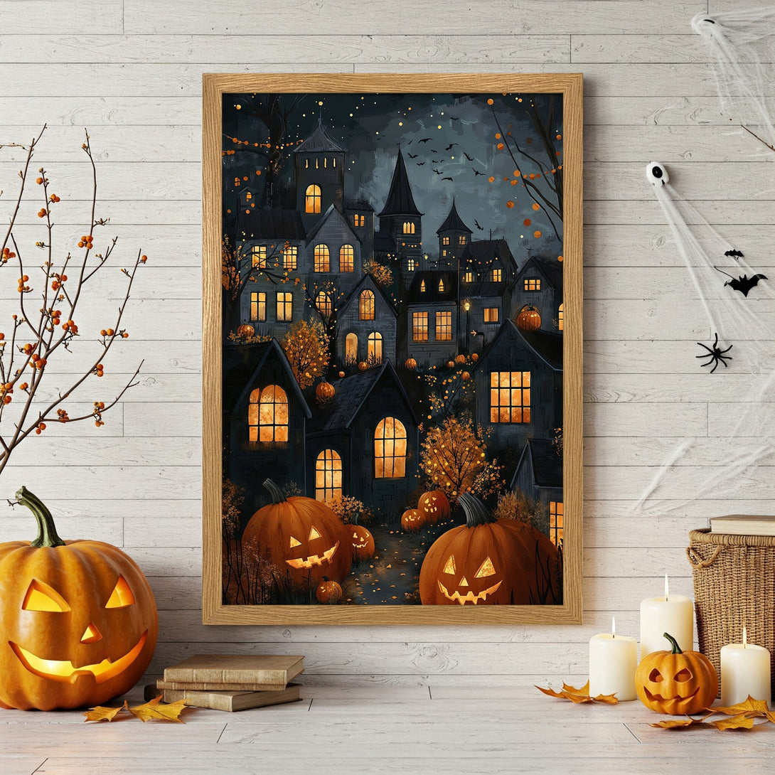 Framed Poster featuring a spooky Halloween town scene with pumpkins, dark blues, oranges, and a watercolor style. Perfect for fall decor!