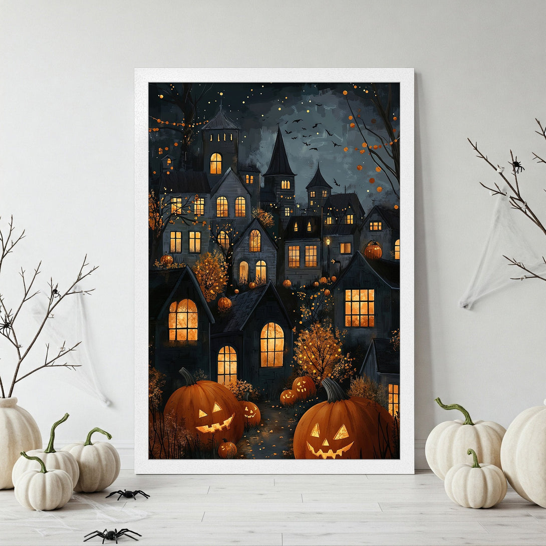 Framed Poster featuring a spooky Halloween town illustration in a dark, warm color palette. Perfect for seasonal decor!