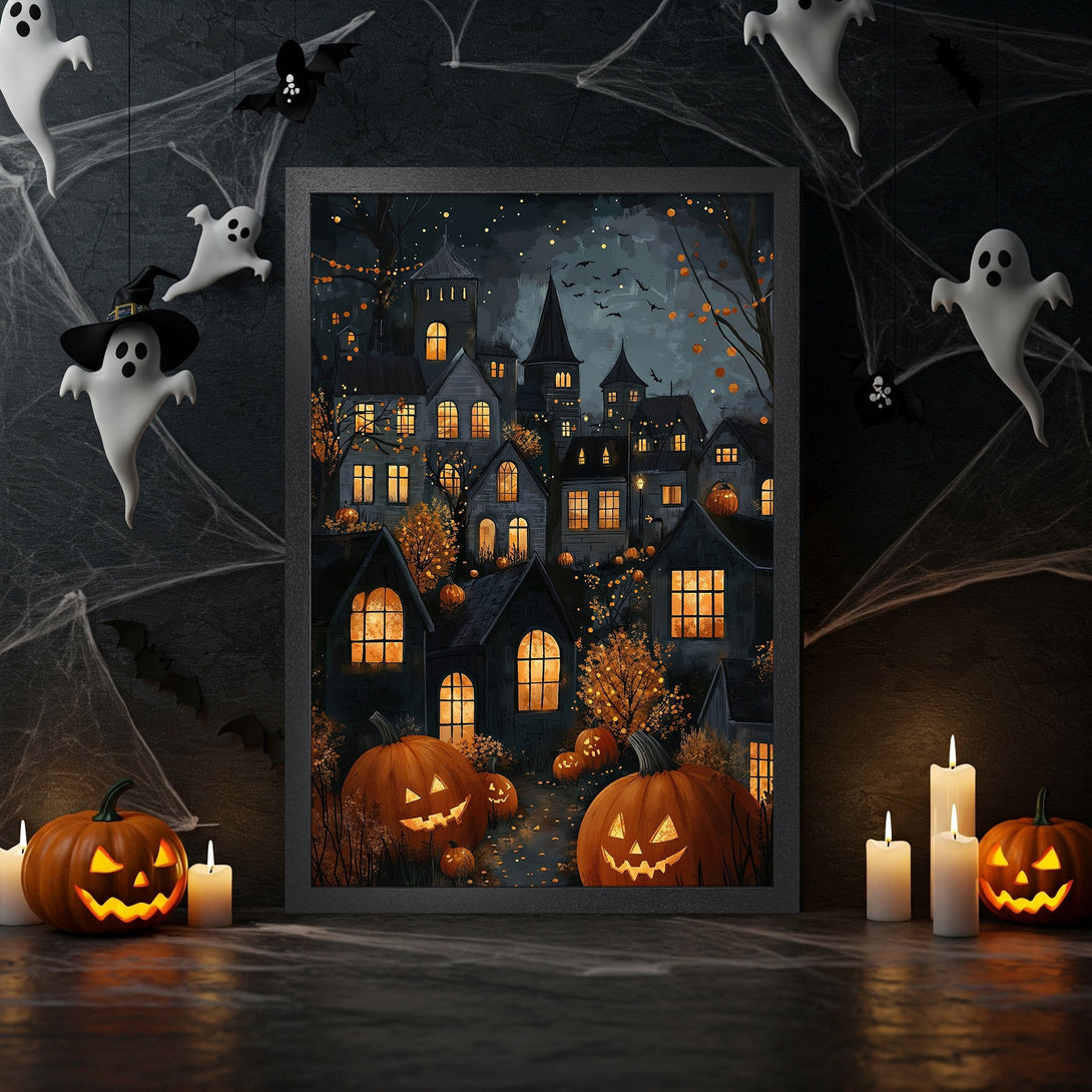 Framed Poster featuring a spooky Halloween village scene with warm orange and dark blue tones. Perfect for seasonal decor!