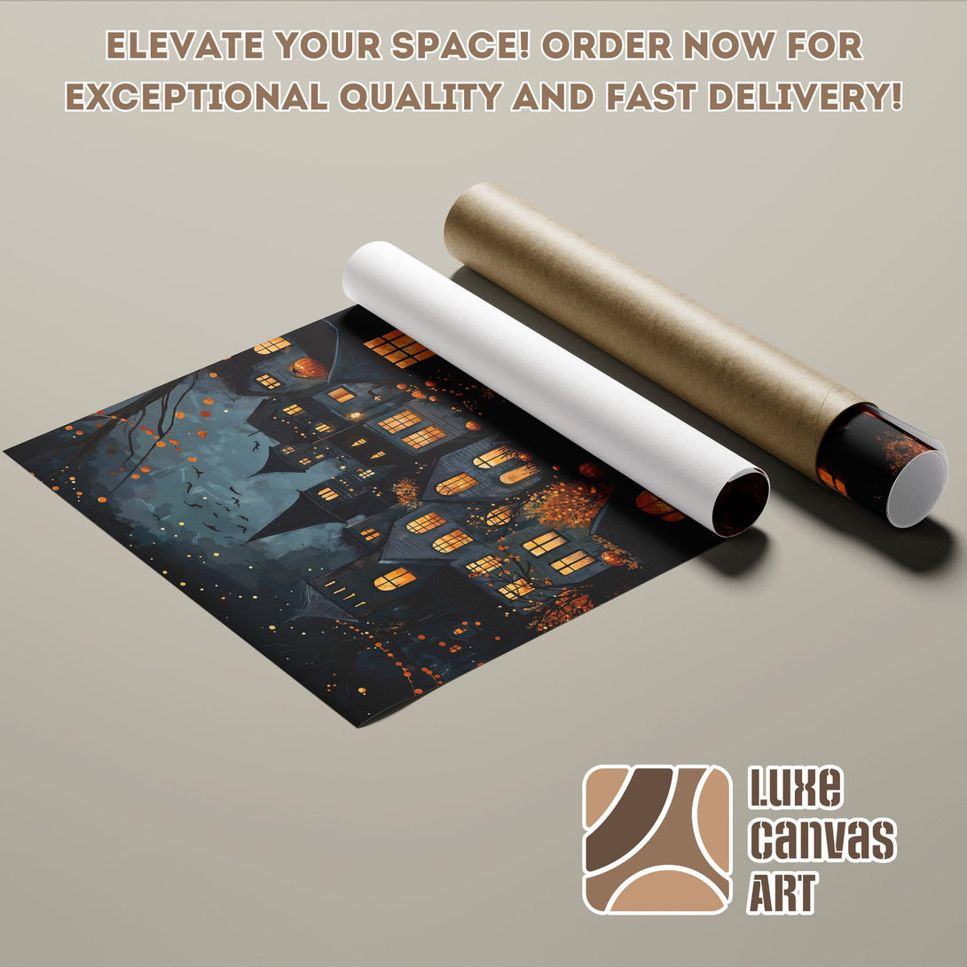 Halloween Poster Roll featuring a spooky house illustration in dark blues and oranges. Elevate your decor!