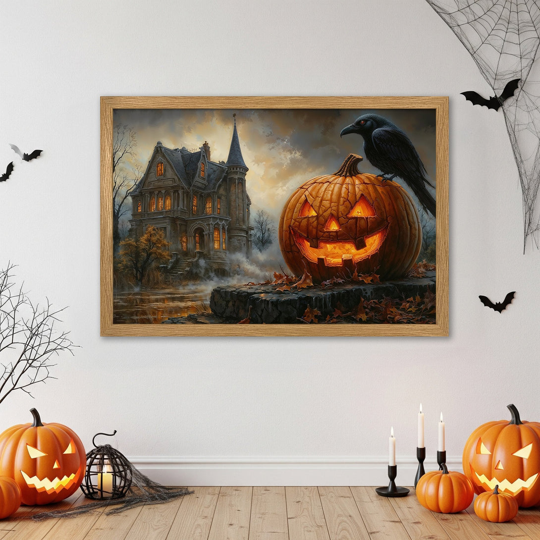 Framed Poster featuring a spooky Halloween scene with a haunted house, pumpkin, and raven. Dark, moody style with orange and grey tones.