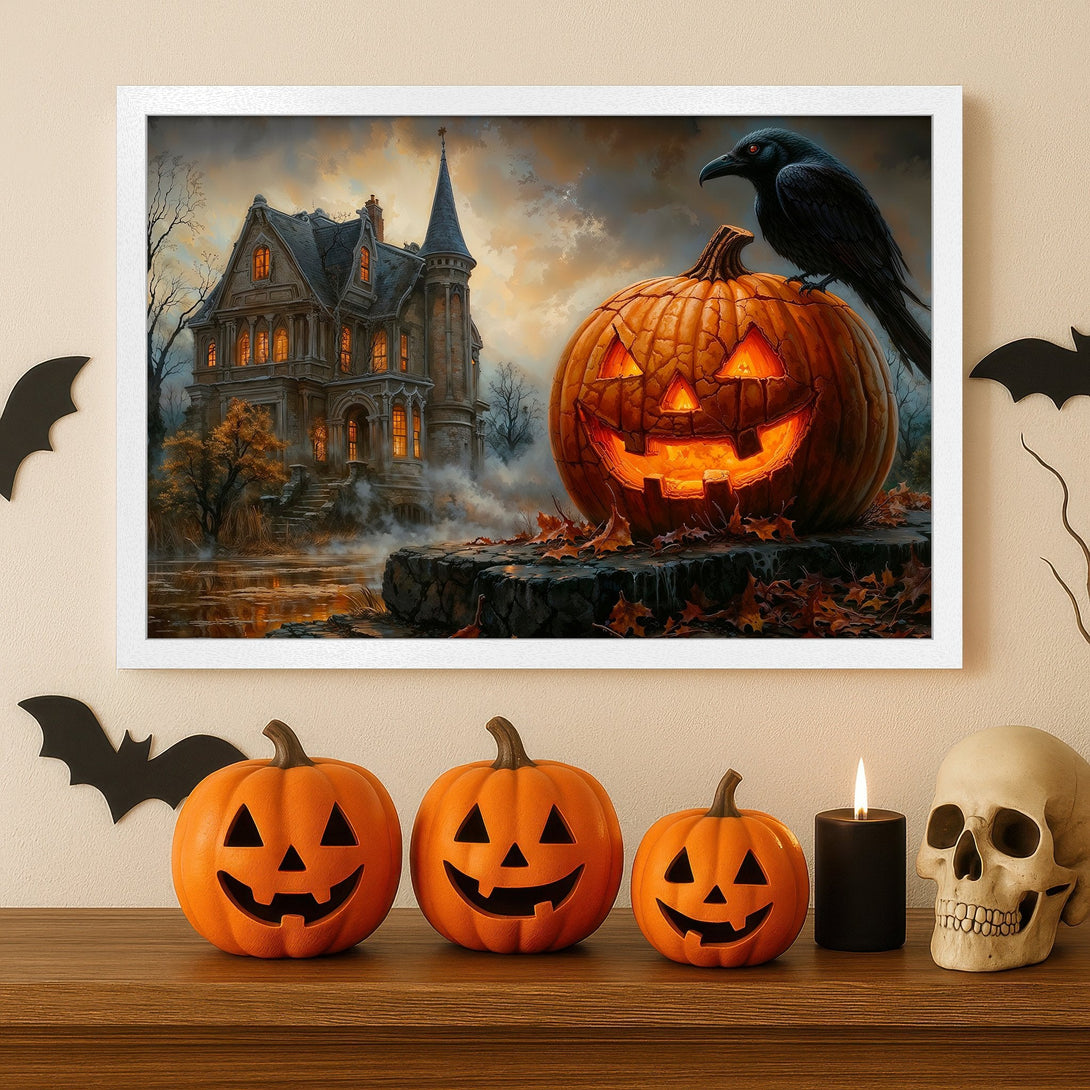 Framed Poster featuring a spooky Halloween scene with a haunted house, pumpkin, and raven. Warm orange and grey tones.