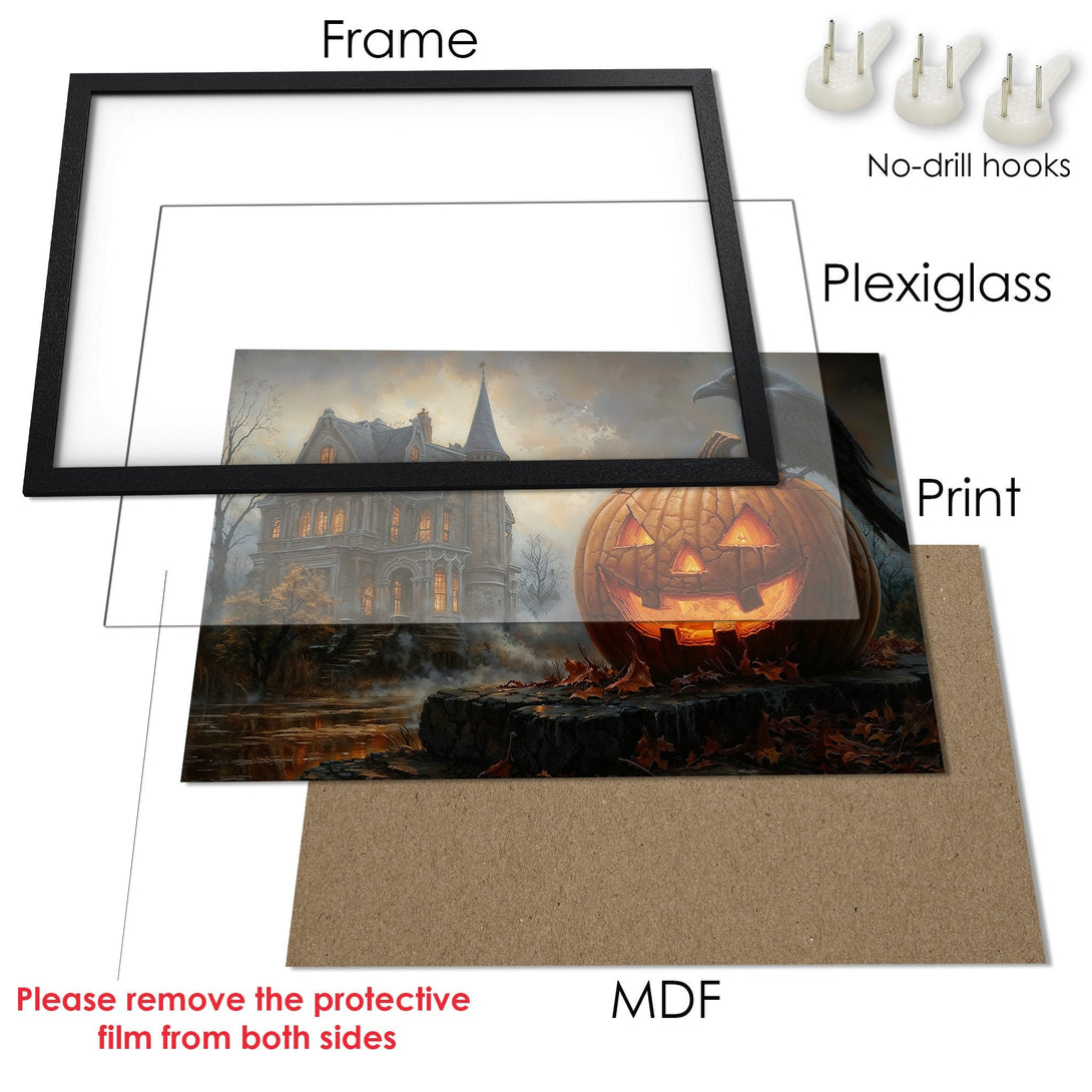 Framed Poster: Spooky Halloween scene with haunted house & jack-o'-lantern. Dark, moody style with warm, autumnal color palette. Perfect for fall decor!