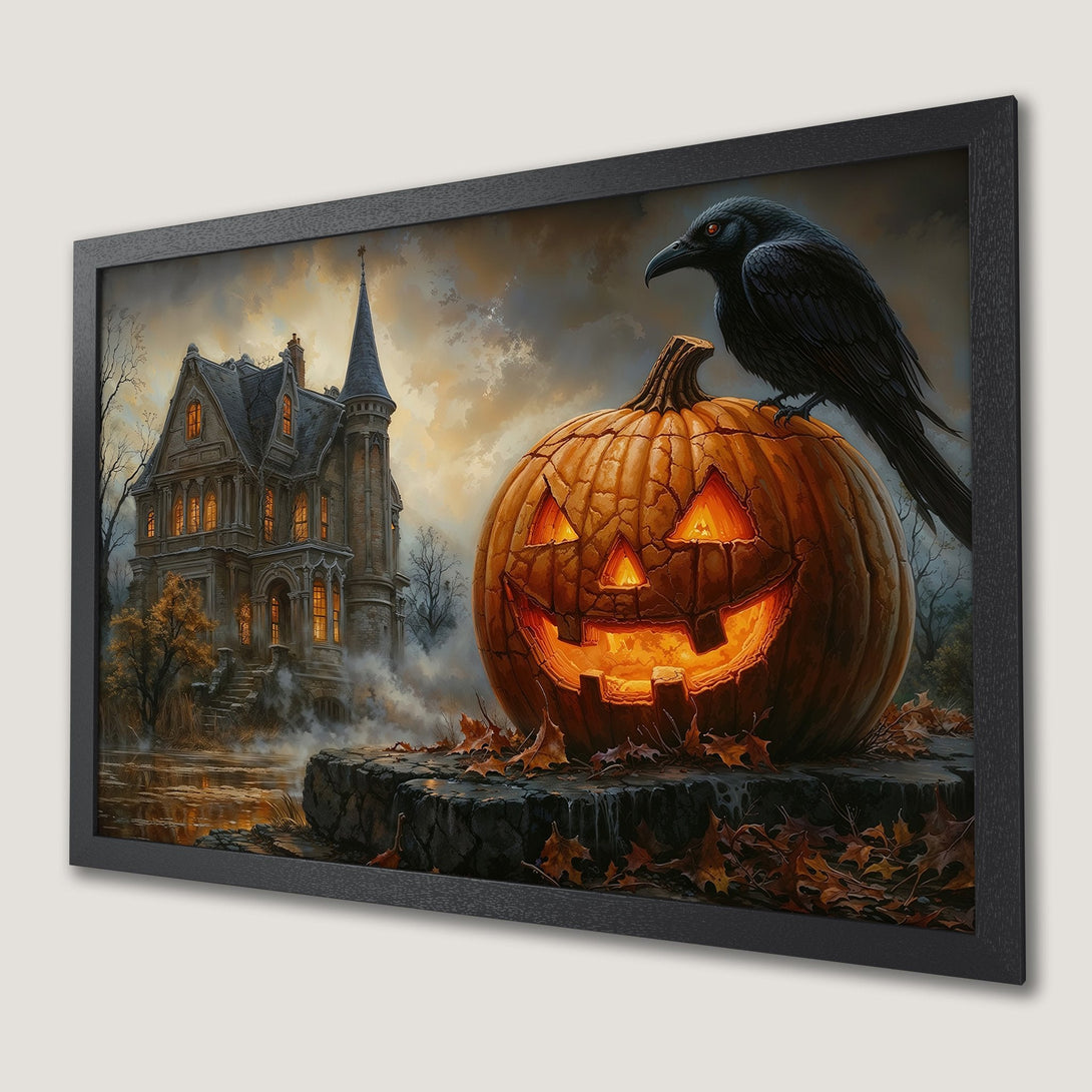 Framed Poster featuring a spooky Halloween scene with a glowing jack-o'-lantern, raven, and haunted house in a warm, autumnal color palette.