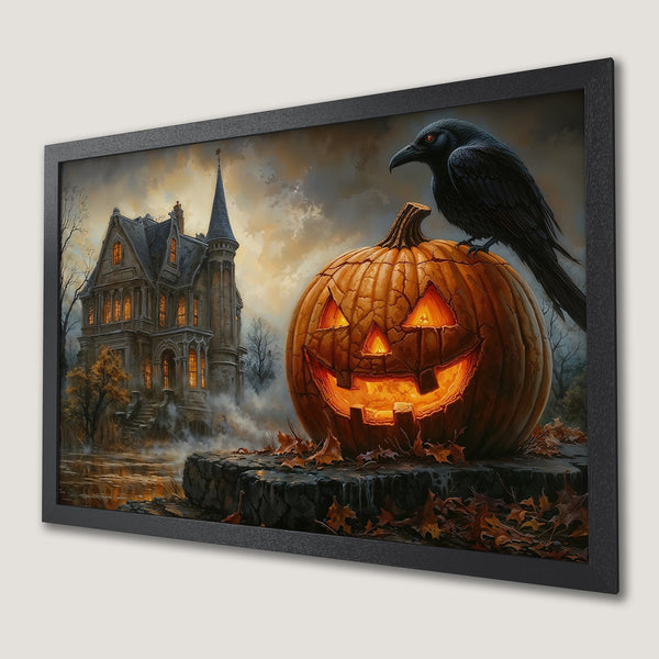 Framed Poster featuring a spooky Halloween scene with a glowing jack-o'-lantern, raven, and haunted house in a warm, autumnal color palette.