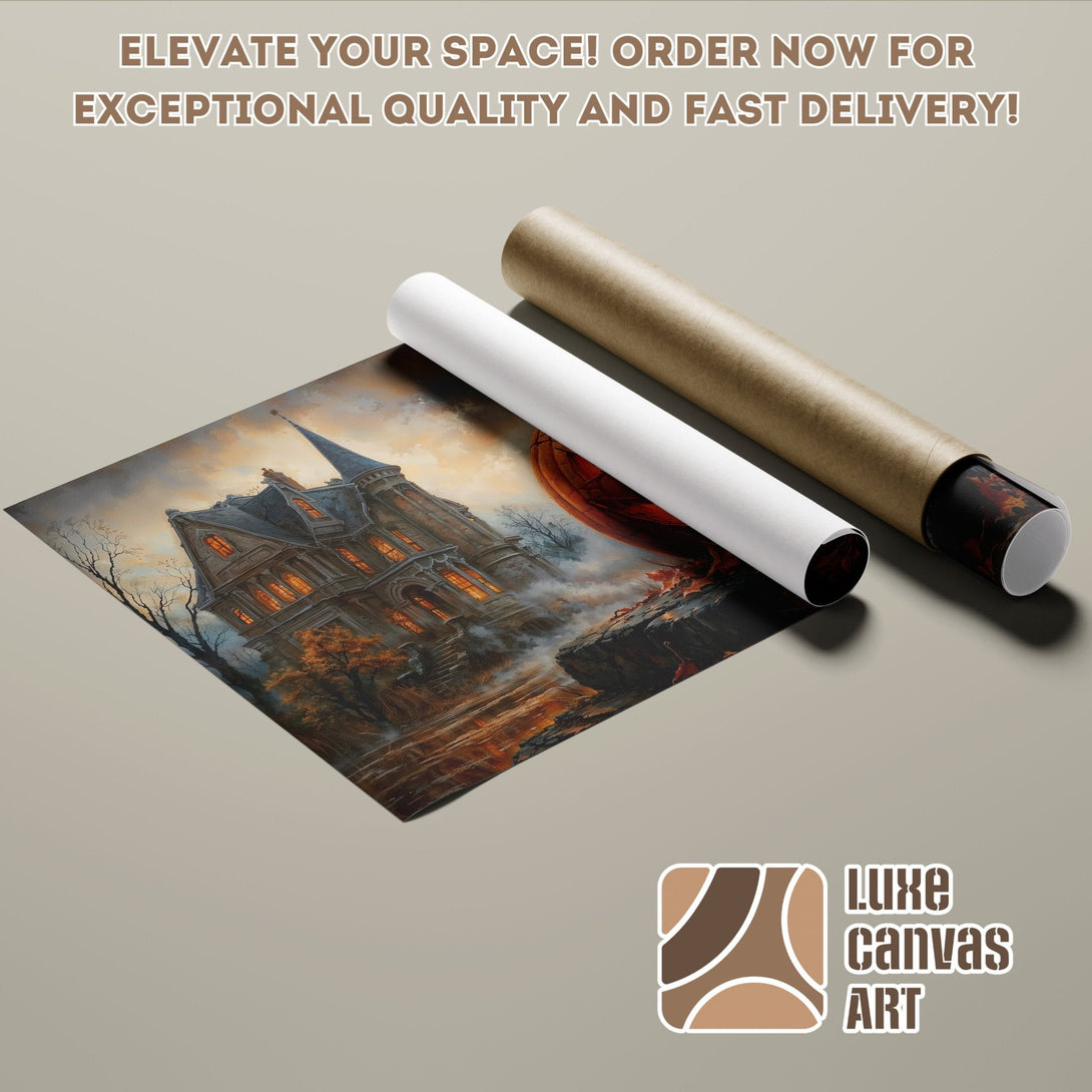 Poster Roll featuring a gothic haunted house painting, warm color palette, perfect for home decor.