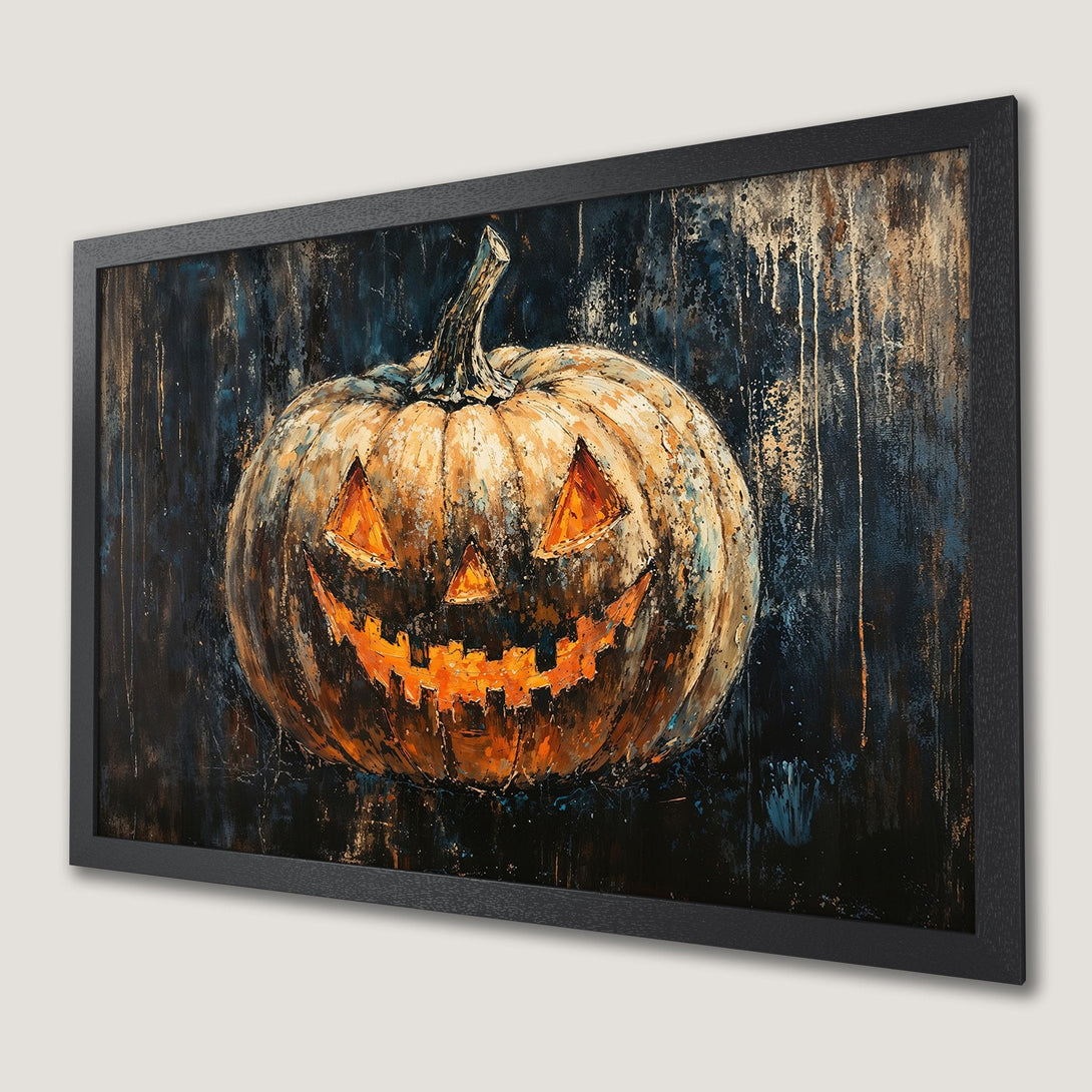 Framed Poster featuring a spooky Halloween pumpkin. Artistic style with orange, black, and blue color palette. Perfect for seasonal decor.