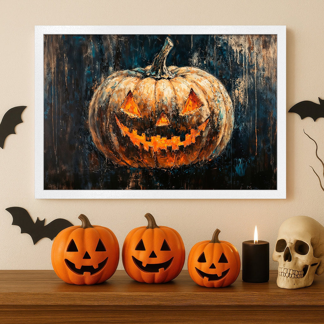 Framed Poster of a spooky Halloween pumpkin. Dark, textured style with orange and blue color palette. Perfect for Halloween decor!