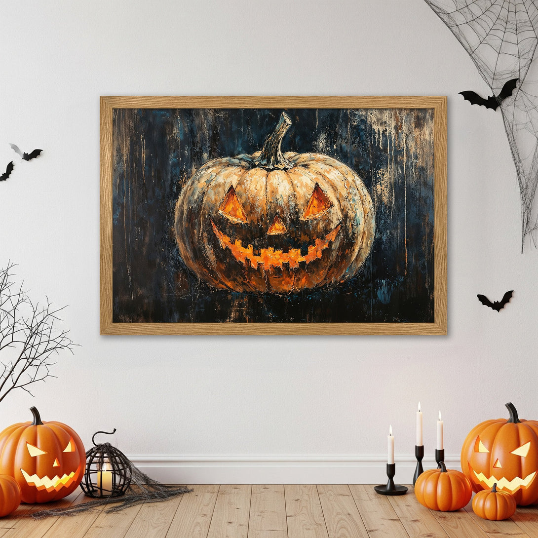 Framed Poster featuring a spooky jack-o'-lantern painting. Dark blue and orange color palette, perfect for Halloween decor. Add a touch of fright!