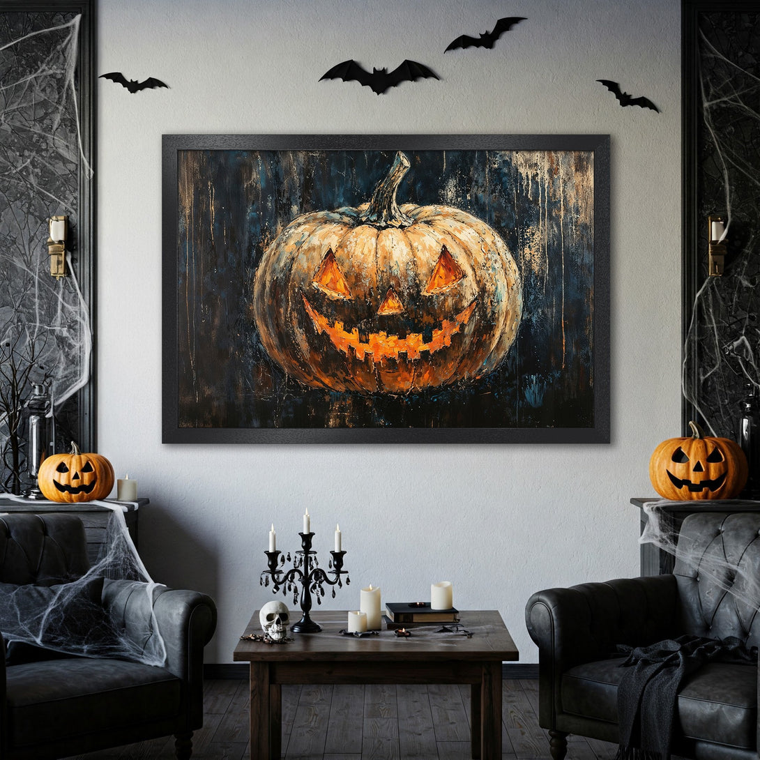 Framed Poster featuring a spooky jack-o'-lantern painting. Dark, moody color palette perfect for Halloween decor. Get yours today!
