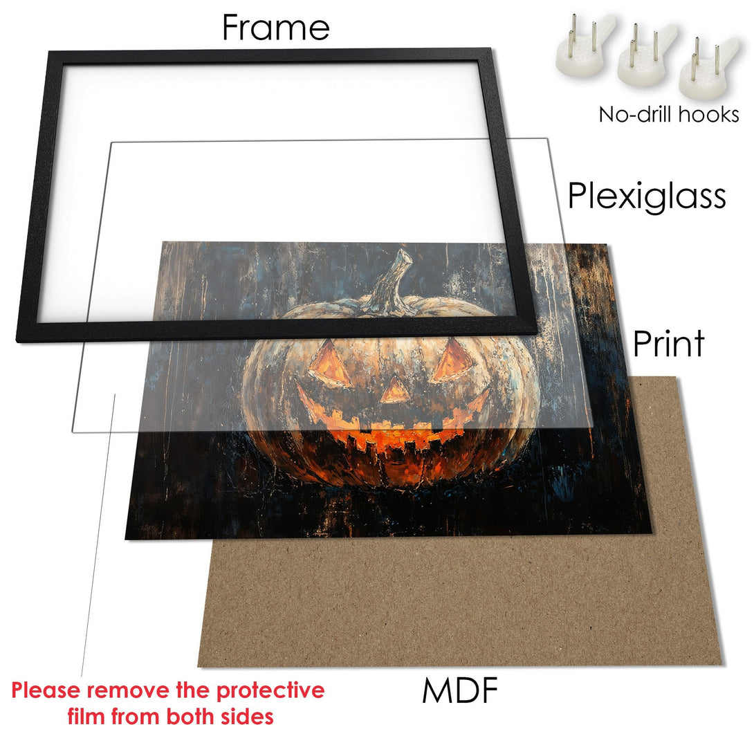 Framed Poster of a spooky jack-o'-lantern, with an artistic, dark color palette. Perfect Halloween decor!