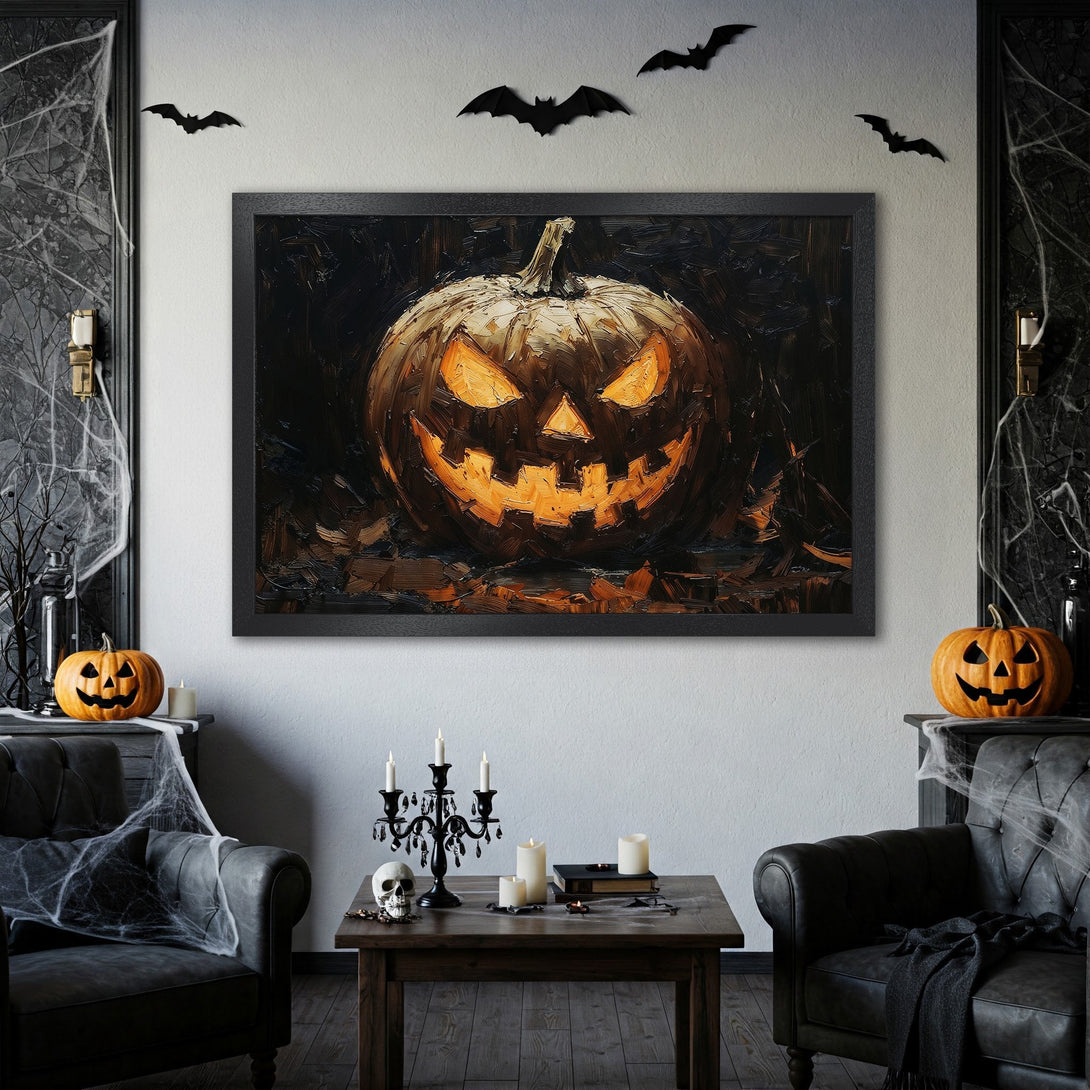 Framed Poster of a spooky Halloween pumpkin. Dark, textured art with orange and black colors. Perfect for Halloween decor!