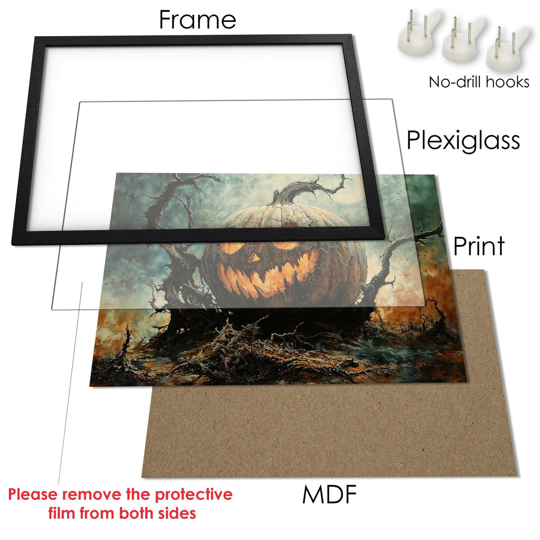 Framed Poster featuring a spooky pumpkin scene. Dark, moody art with a teal, orange, and brown color palette. Perfect Halloween decor!