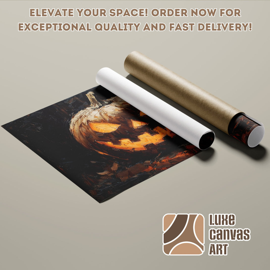 Pumpkin oil painting Poster Roll, dark, orange, and brown palette. Elevate your space!