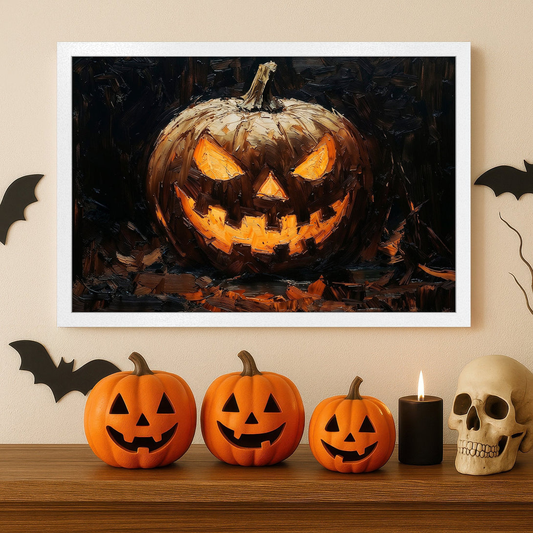 Framed Poster of a spooky Halloween pumpkin. Oil painting style with dark, orange, and brown tones. Perfect Halloween decor.