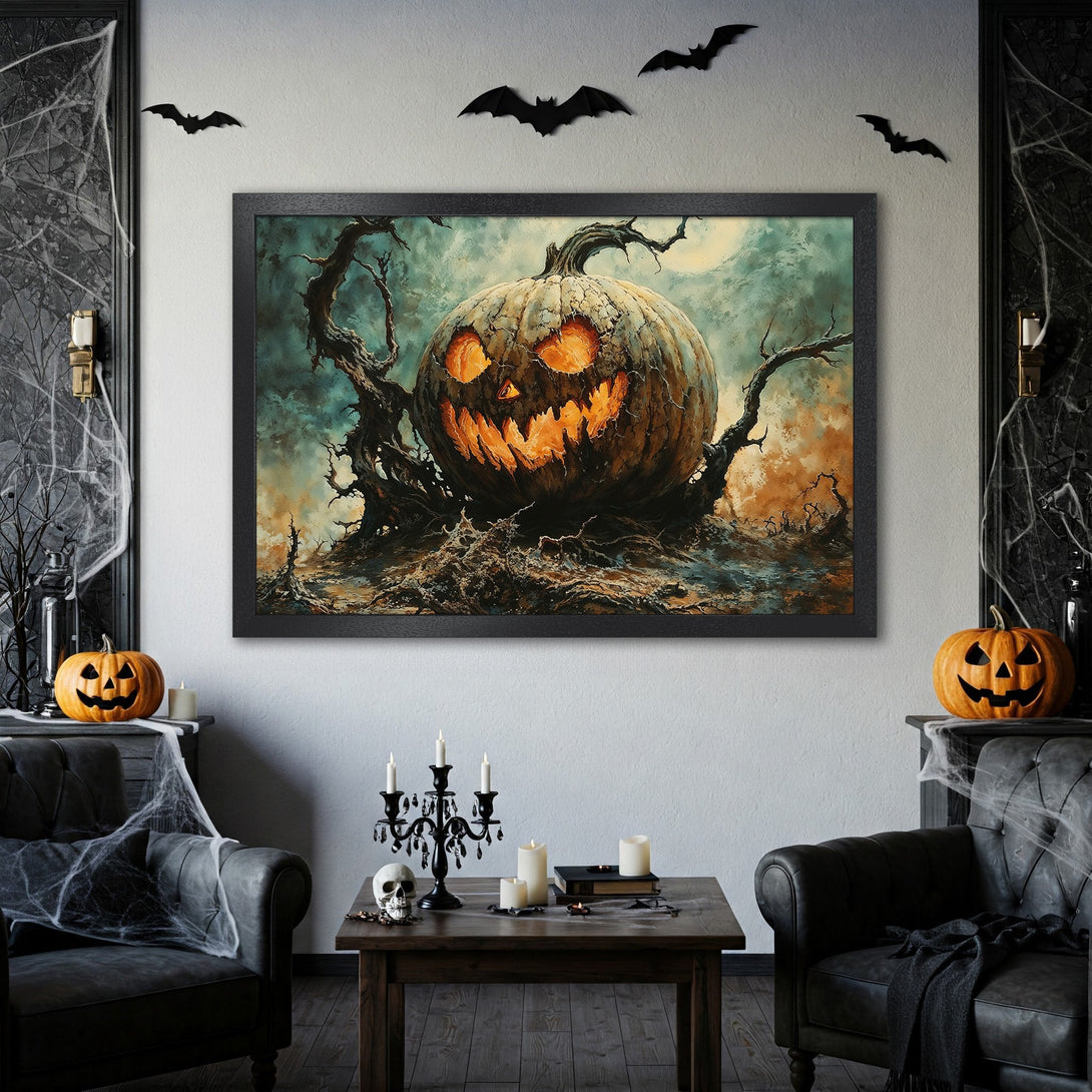 Framed Poster featuring a spooky Halloween pumpkin illustration. Dark, moody style with orange, teal, and brown color palette. Perfect for Halloween decor!