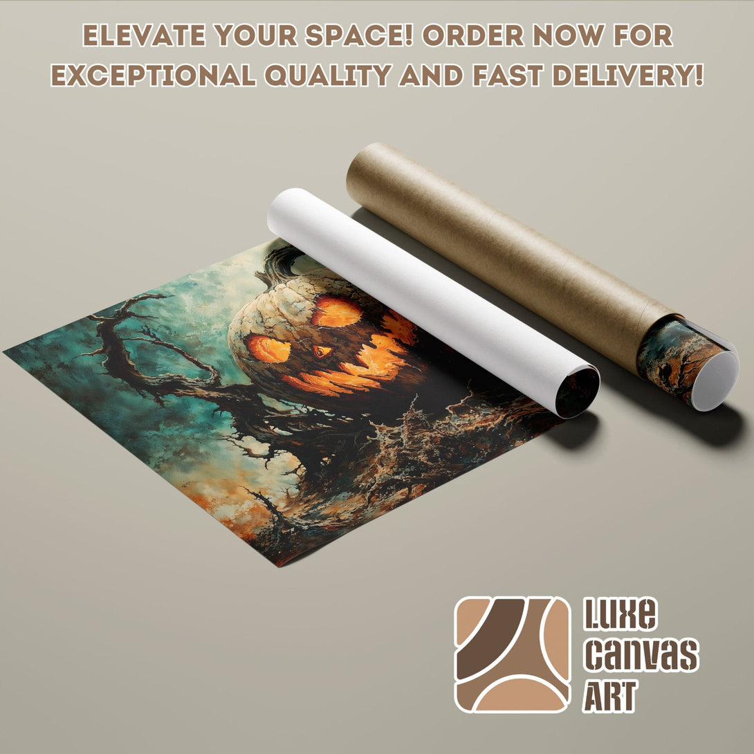 Poster Roll featuring a spooky pumpkin artwork in teal and orange tones. Elevate your space!