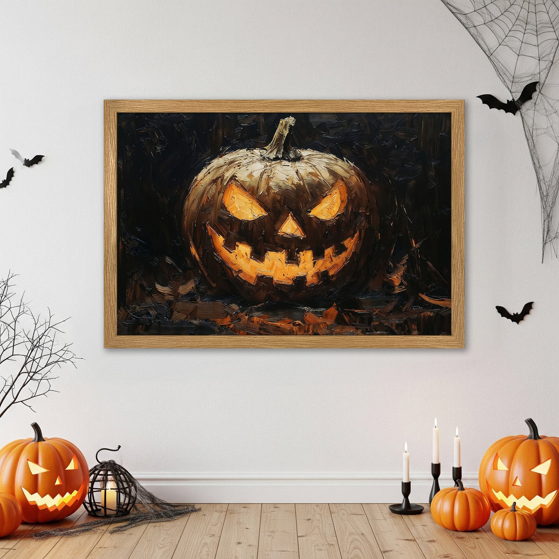 Framed Poster of a spooky Halloween pumpkin. Dark, textured art with orange and black color palette. Perfect for Halloween decor!