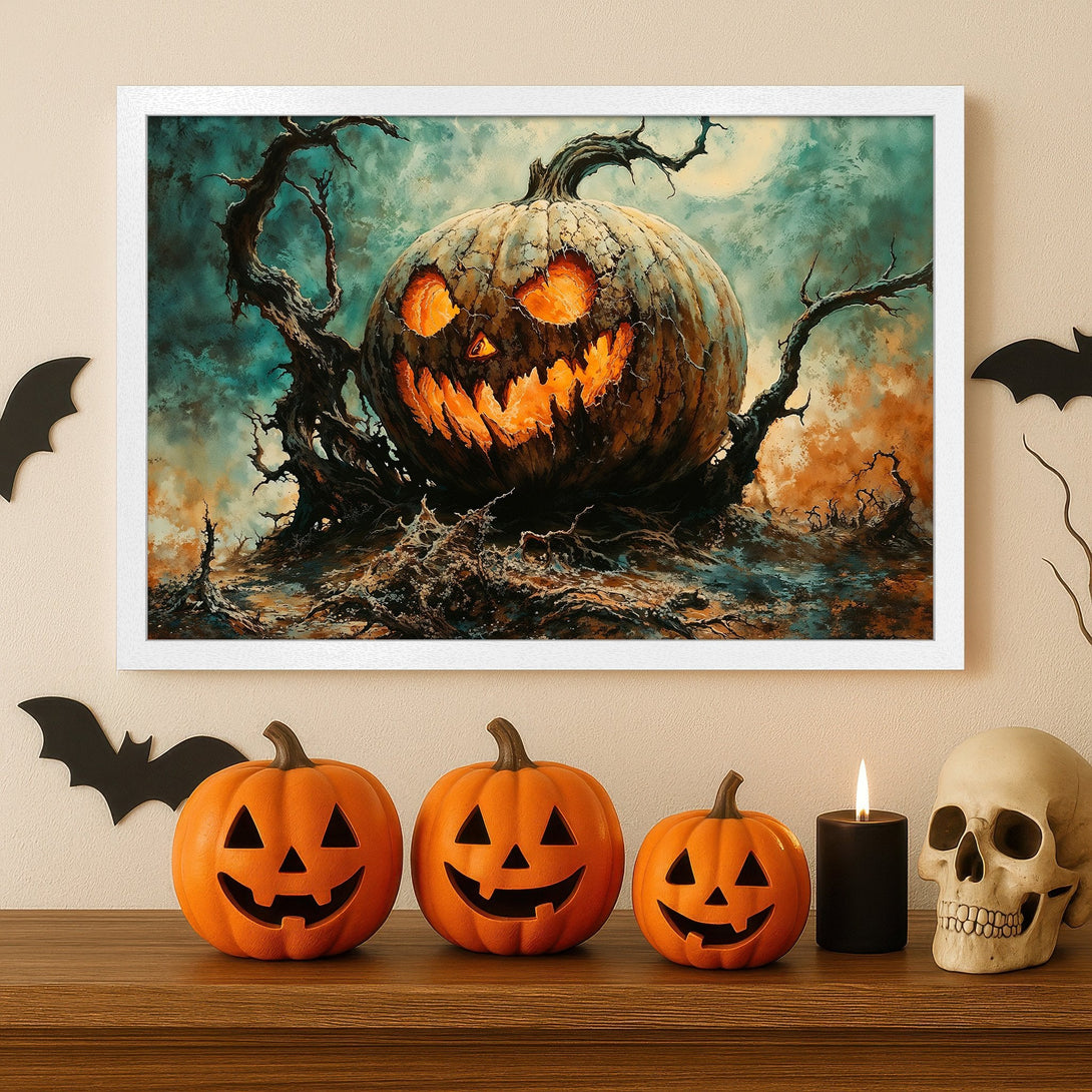 Framed Poster of a spooky Halloween pumpkin, artistic style with teal, orange, and brown colors. Perfect for your Halloween decor!