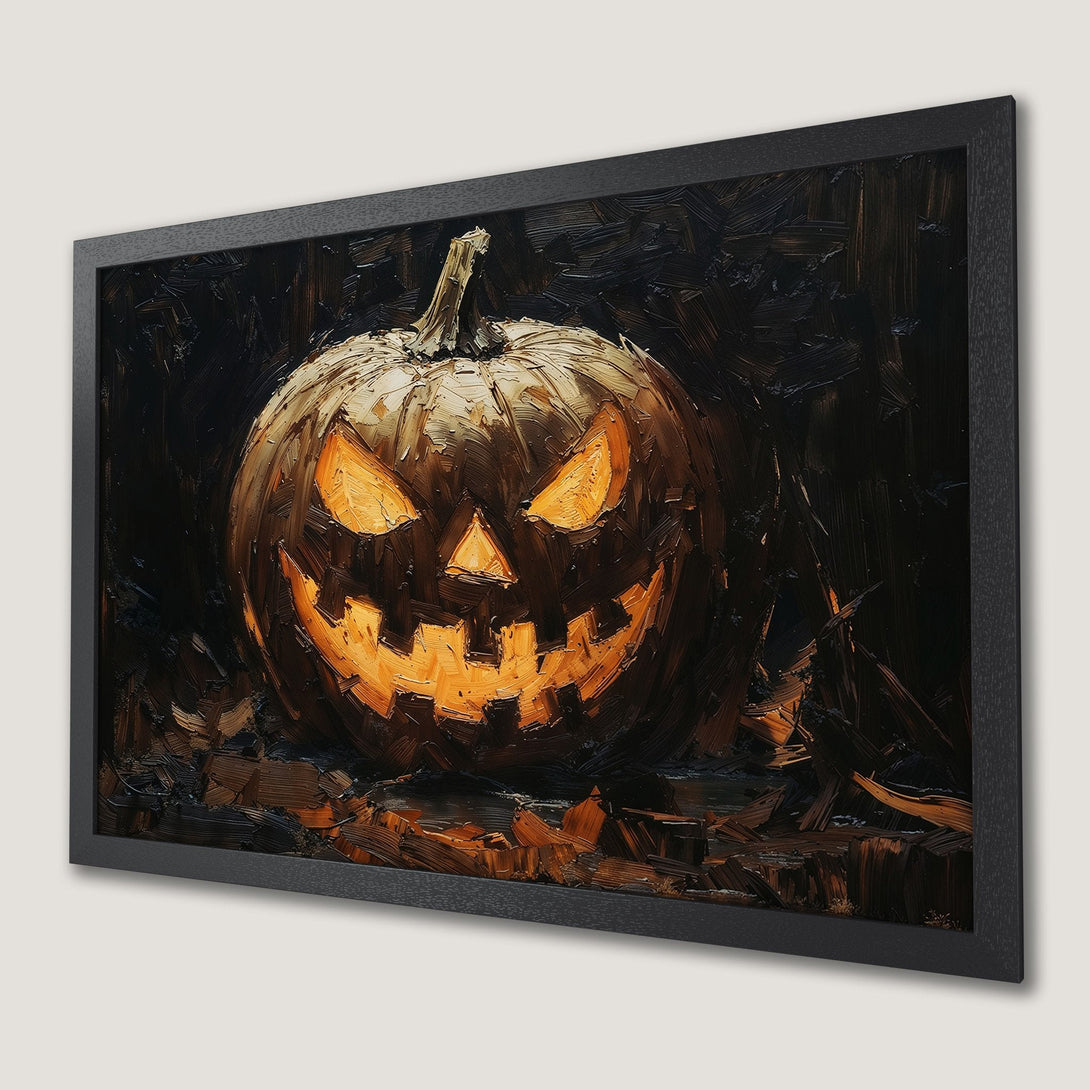 Framed Poster featuring a spooky Halloween pumpkin in a dark, textured, impressionistic style with a warm, orange and brown palette.