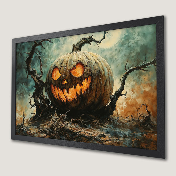 Framed Poster featuring a spooky jack-o'-lantern in a dark, painterly style with orange and teal tones. Perfect Halloween decor!