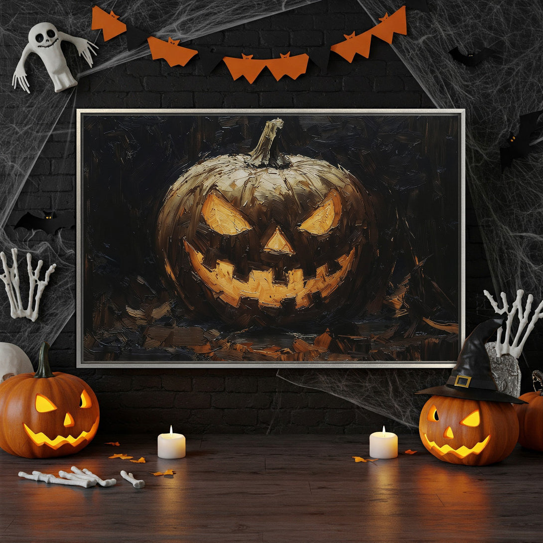 Framed Wall Art featuring a spooky Jack-o'-lantern painting in a dark, moody style. Perfect Halloween decor with orange, black, and gold tones.