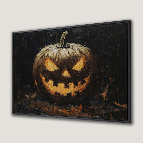 Framed Wall Art: Spooky oil painting of a jack-o'-lantern in a dark, moody palette. Perfect Halloween decor! Add a touch of fright to your space.