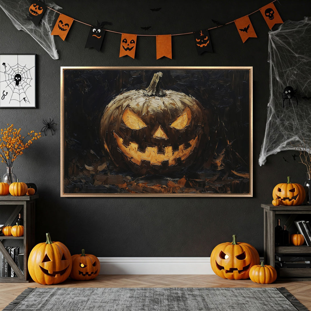 Framed Wall Art: Spooky Halloween pumpkin painting in dark, moody style. Warm orange and black color palette, perfect for seasonal decor.