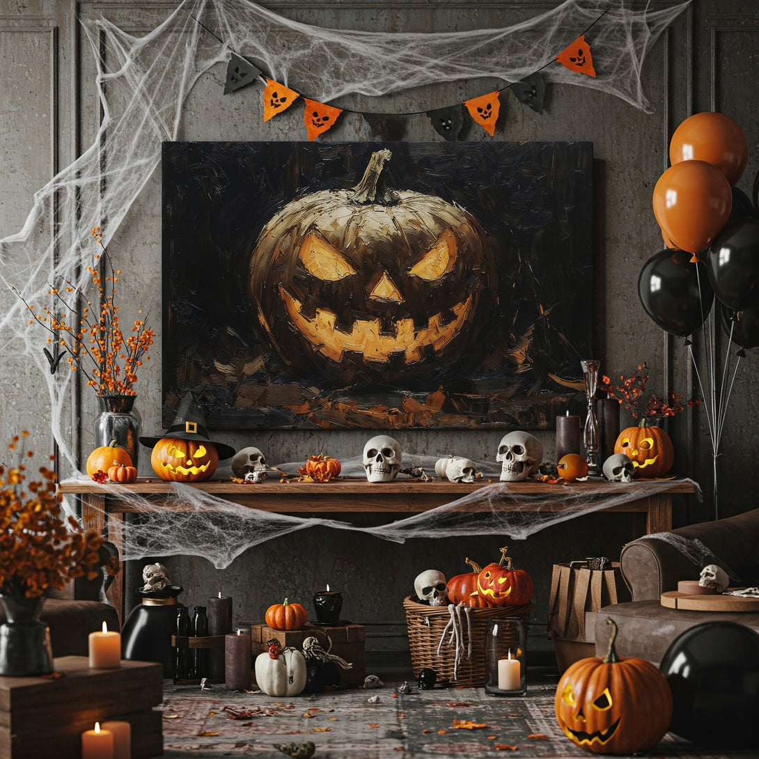Framed Wall Art: Spooky Halloween pumpkin painting in a dark, moody style with warm orange and black tones. Perfect for seasonal decor!