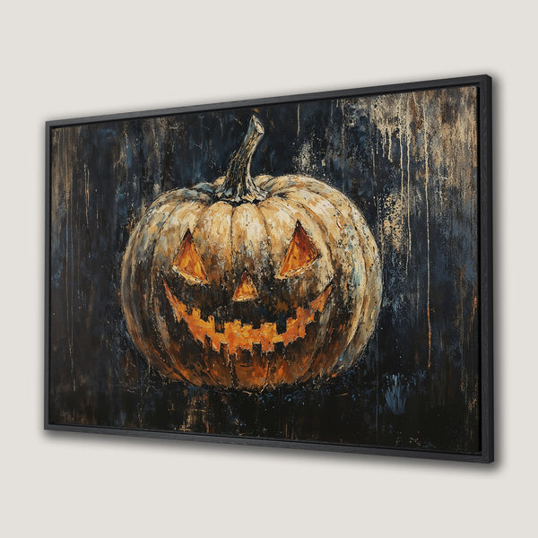 Framed Wall Art: Spooky Halloween pumpkin canvas print. Dark, moody painting with orange, black, and gold tones. Perfect fall decor for your home.