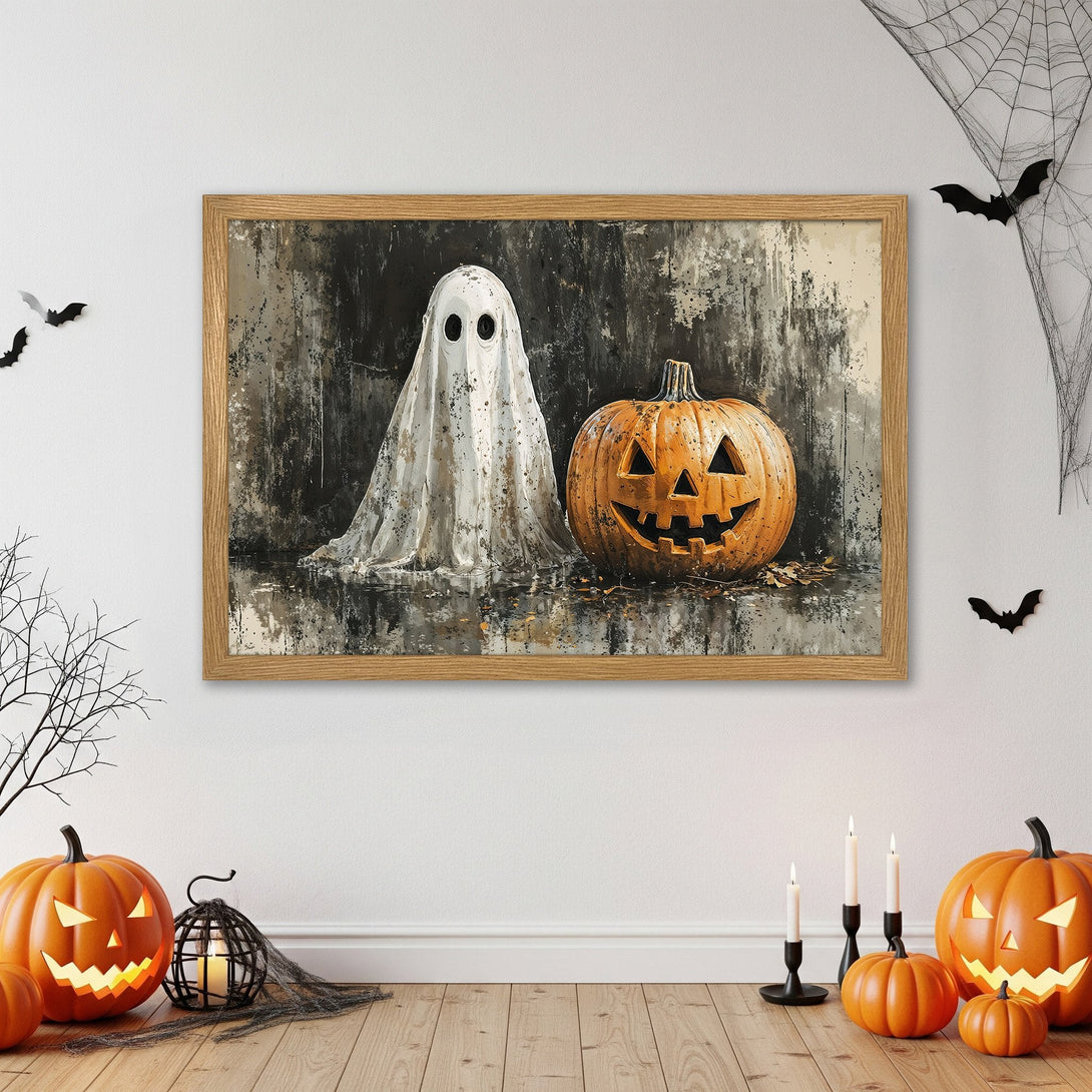 Framed Poster featuring a ghost and pumpkin art print. Halloween decor with a neutral, moody color palette. Spooky wall art.