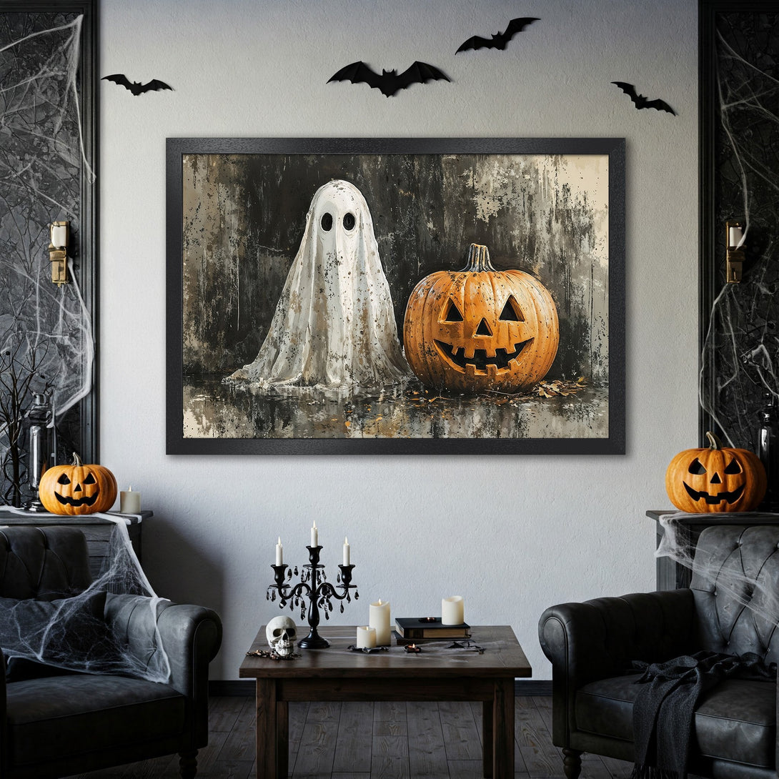 Framed Poster featuring a Halloween ghost and pumpkin. Spooky art in a dark, moody palette. Perfect for your Halloween decor!