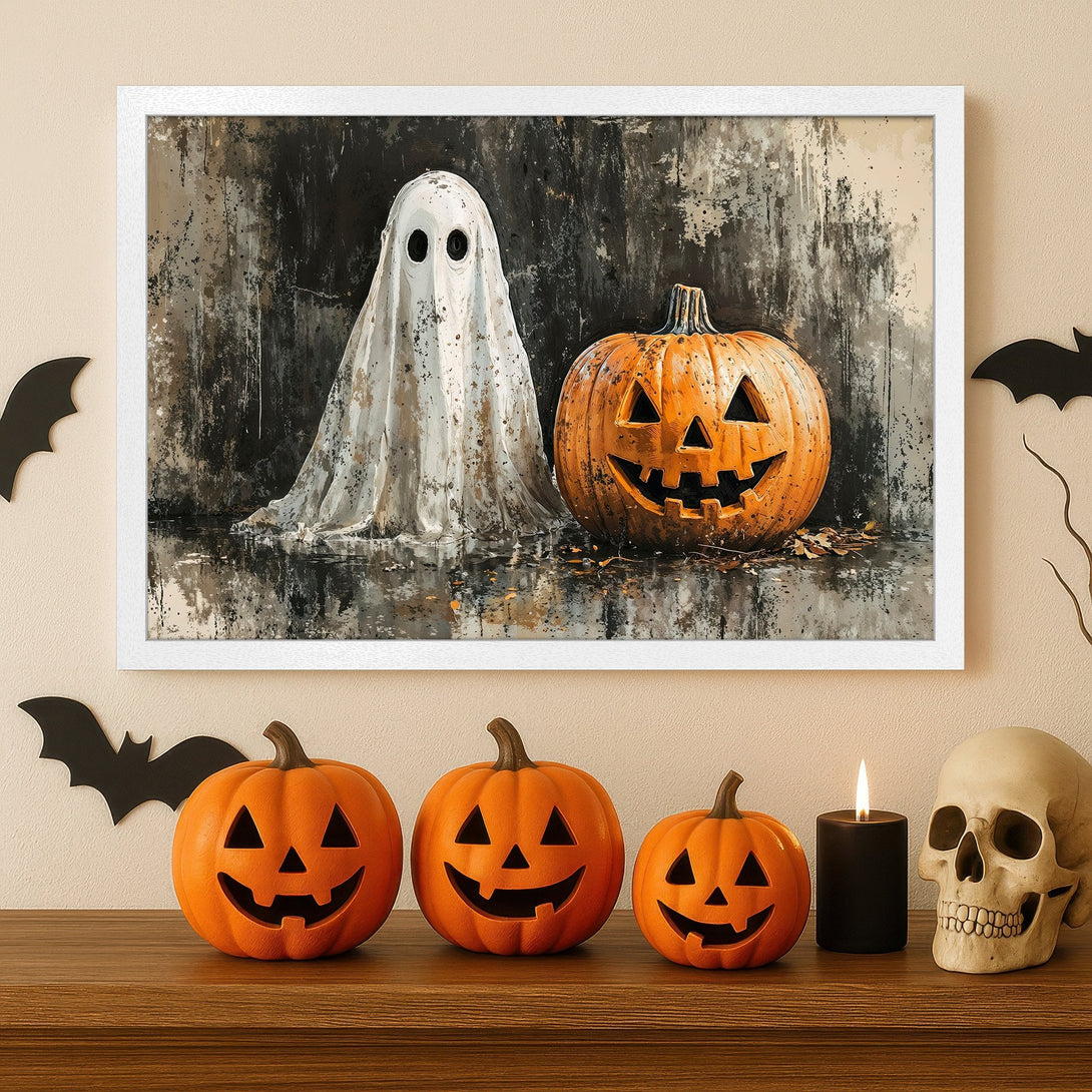 Framed Poster featuring a ghost and pumpkin in an abstract style, with a neutral color palette. Perfect Halloween decor!