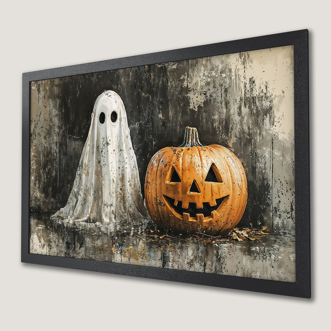 Framed Poster featuring a spooky ghost and pumpkin. Grunge style, neutral and orange color palette. Perfect Halloween decor!