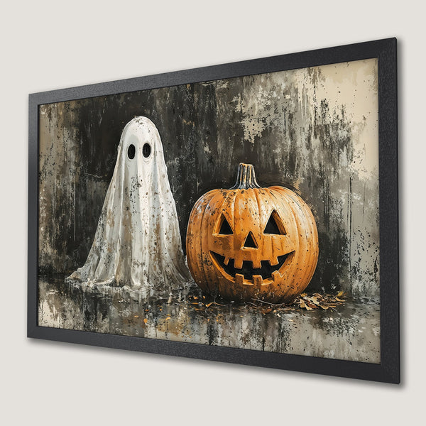 Framed Poster featuring a spooky ghost and pumpkin. Grunge style, neutral and orange color palette. Perfect Halloween decor!