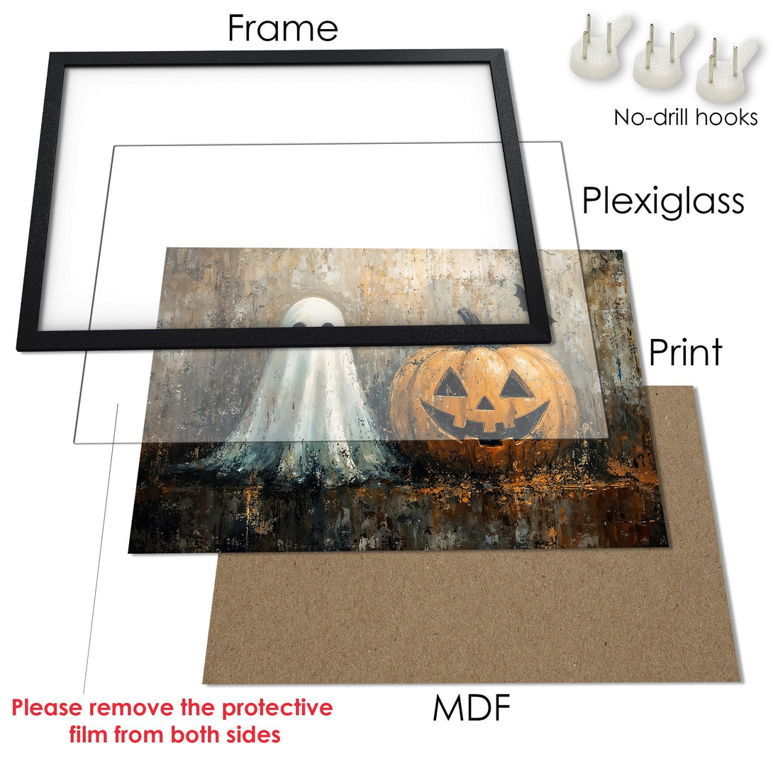 Framed Poster featuring a spooky ghost and pumpkin art print. Rustic style with warm, earthy tones perfect for Halloween decor.