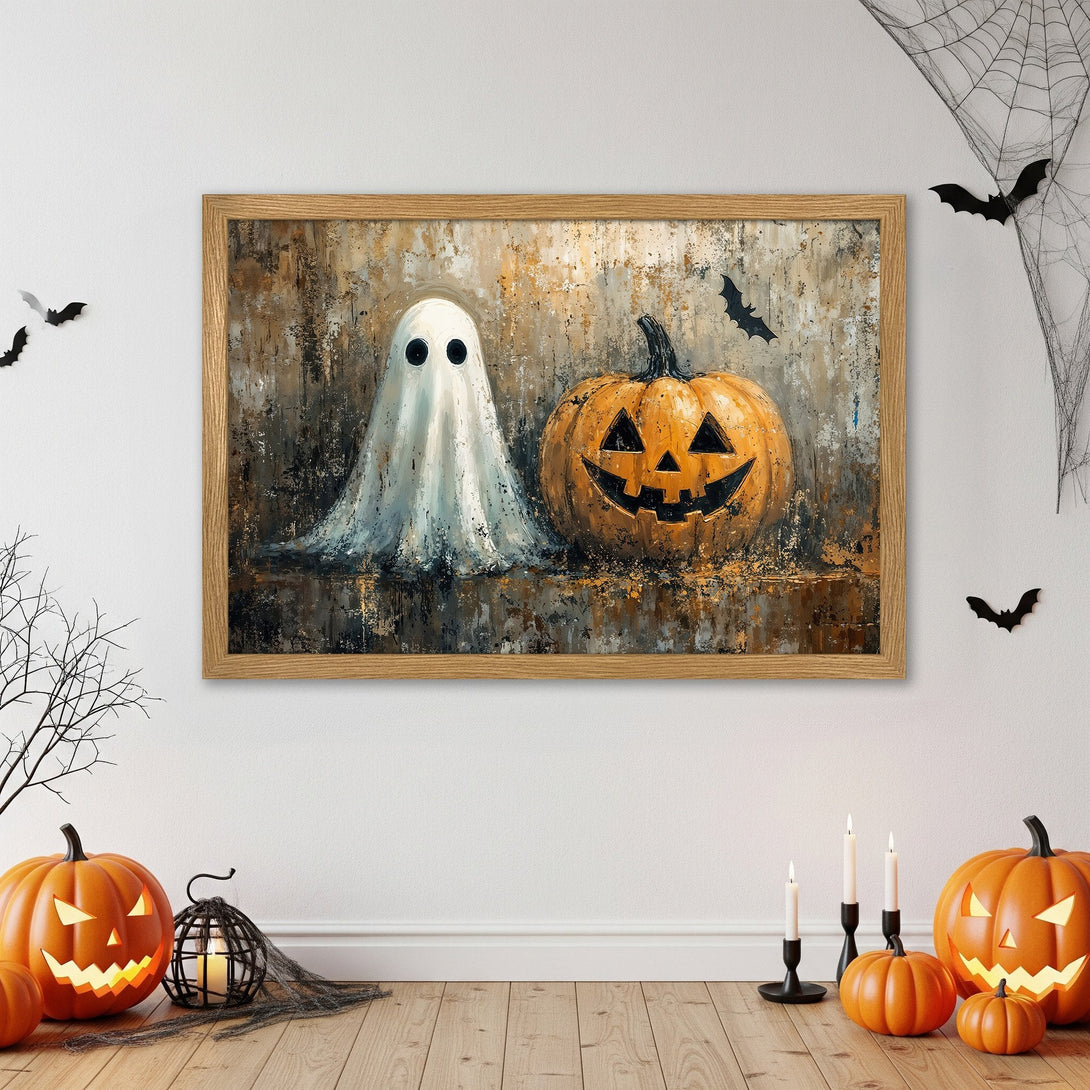 Framed Poster featuring a ghost and jack-o'-lantern. Halloween art in a rustic style with a warm, earthy color palette. Spooky decor.