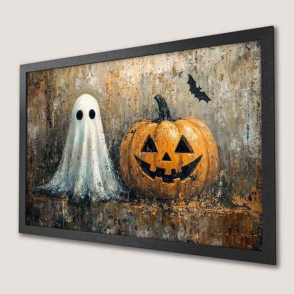 Framed Poster featuring a Halloween ghost and pumpkin in an abstract style with a warm, earthy color palette.