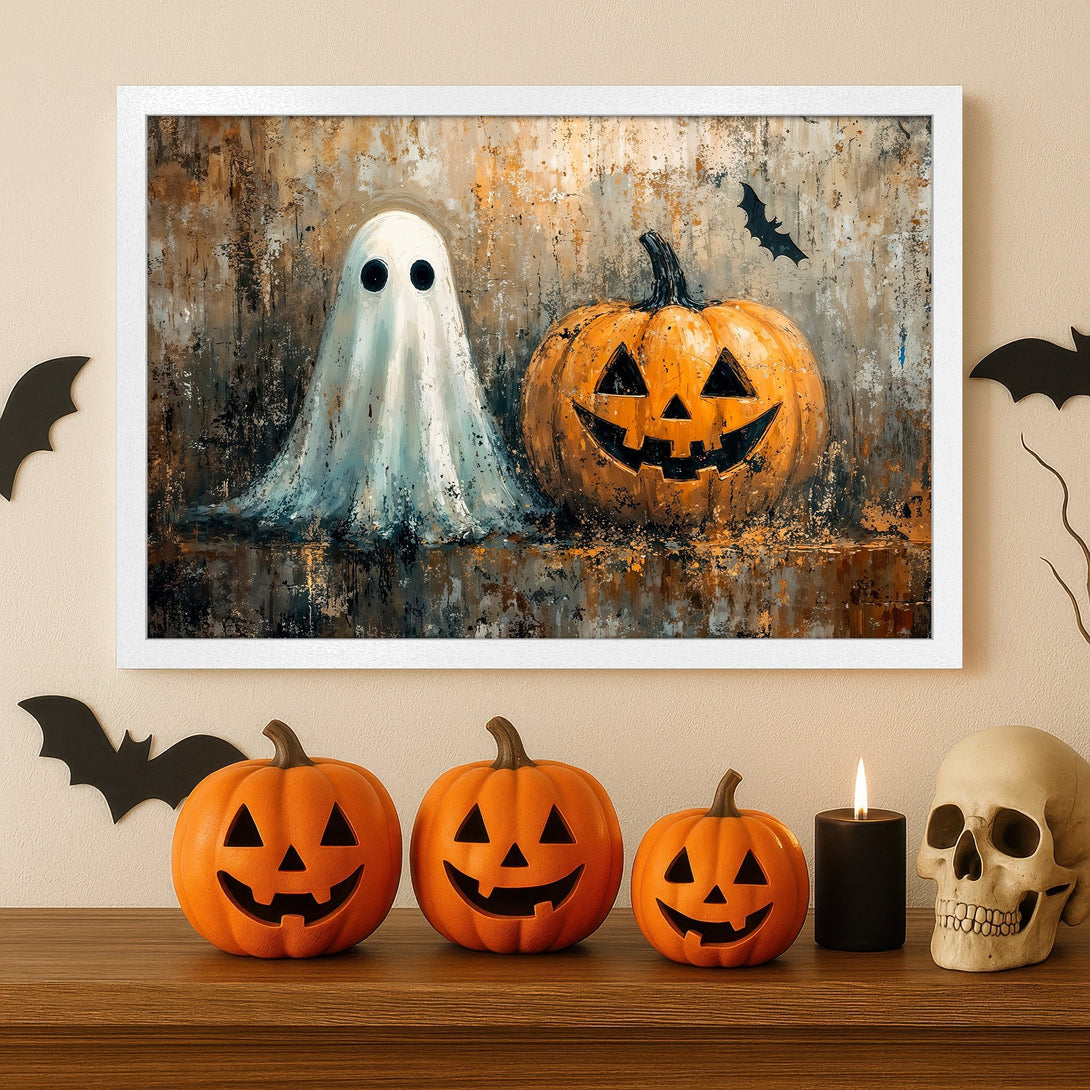 Framed Poster featuring a Halloween ghost and pumpkin art print. Spooky decor in orange, brown, and white. Perfect for fall!