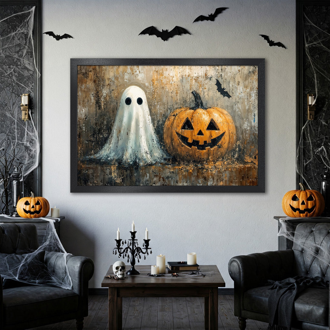 Framed Poster featuring a spooky ghost & pumpkin. Artistic style, warm orange & brown tones. Perfect Halloween decor!