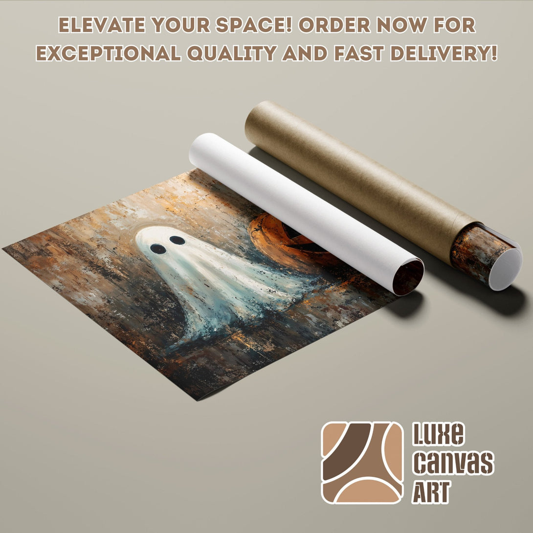 Ghost art poster roll, abstract style, earthy tones, perfect for Halloween decor. Order now!