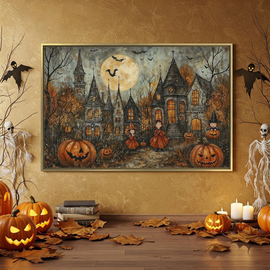 Canvas Print: Spooky Halloween art with a haunted house scene in warm orange and brown tones. Perfect for seasonal decor!