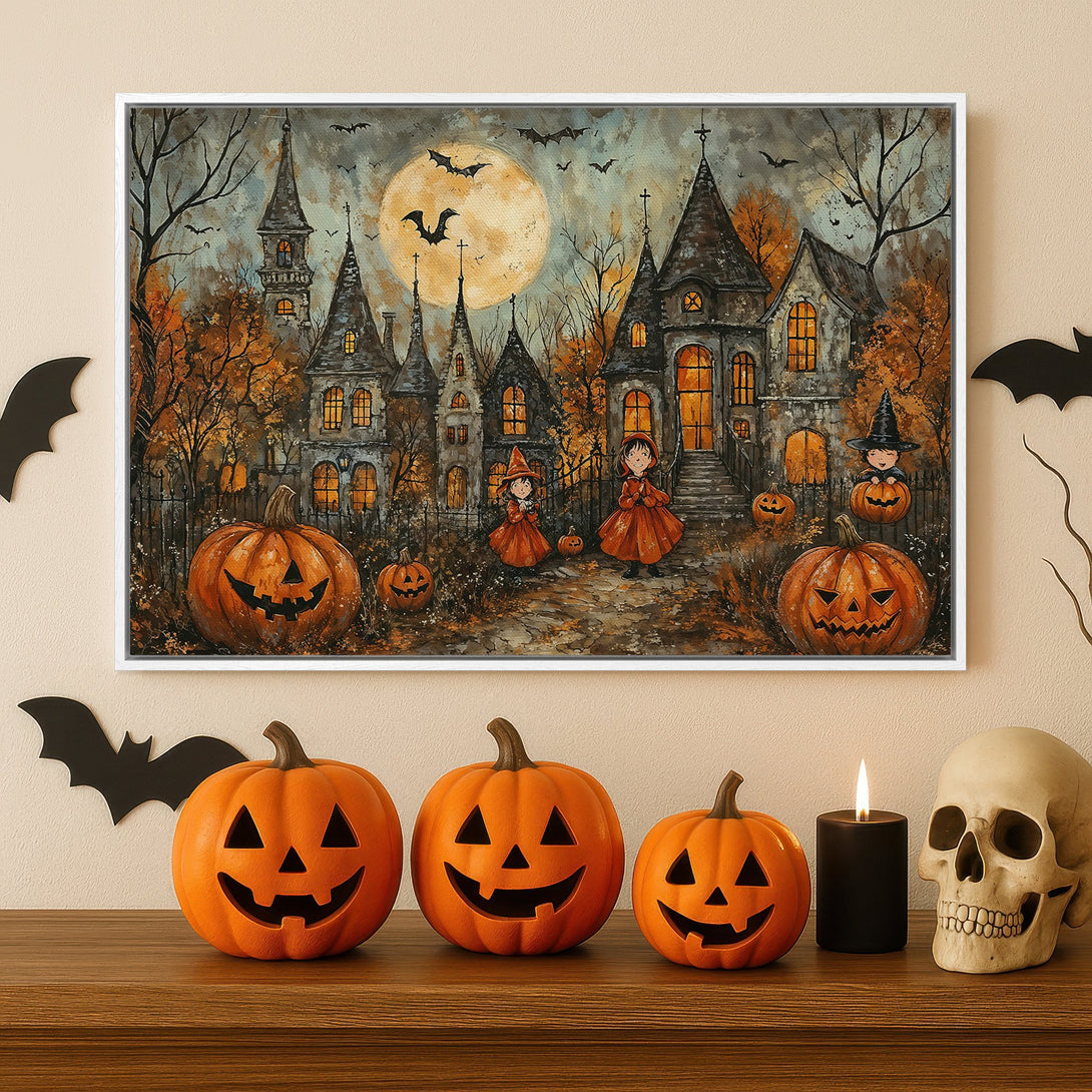 Framed Wall Art: Spooky Halloween scene with haunted house, pumpkins, and witches. Warm orange, gray, and black color palette. Perfect for fall decor.