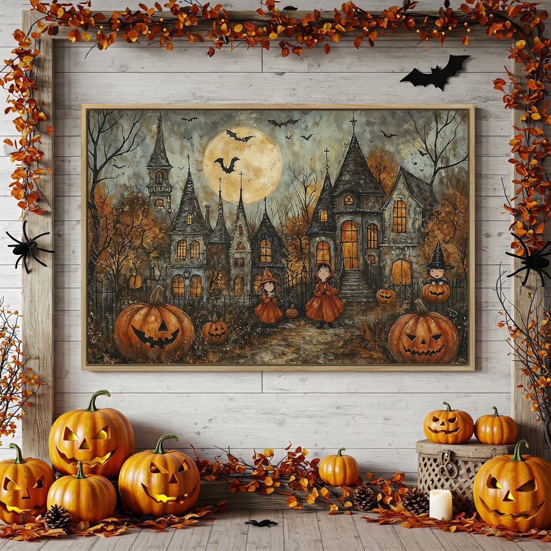 Framed Wall Art: Spooky Halloween scene in warm autumn colors. Features a haunted house, trick-or-treaters, and pumpkins. Perfect fall decor!